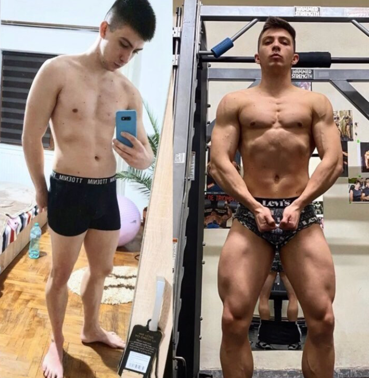 Client bărbat înainte și după, de la fizic slab la masă musculară vizibilă