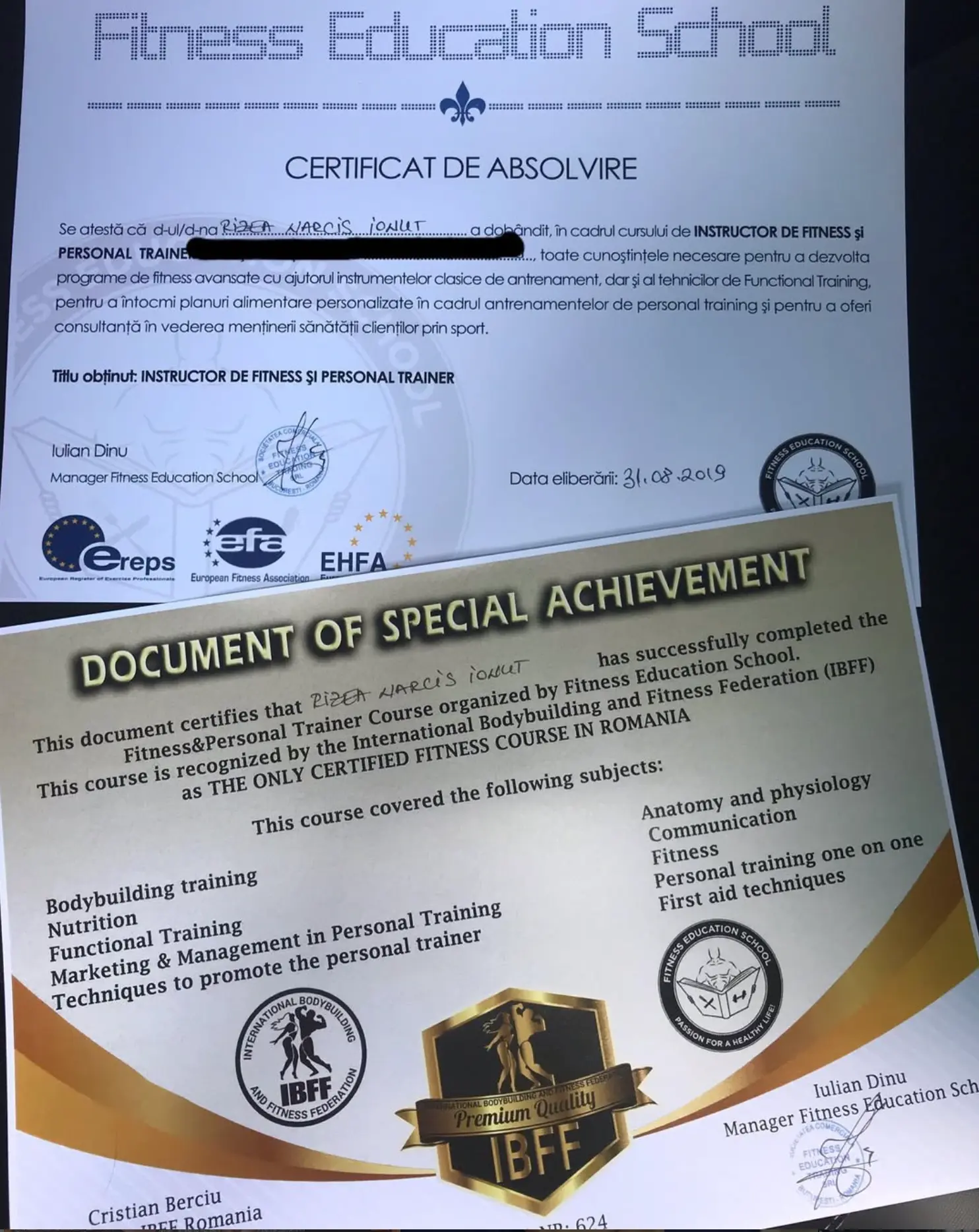 Certificat de absolvire ca instructor fitness și personal trainer, alături de diploma IBFF